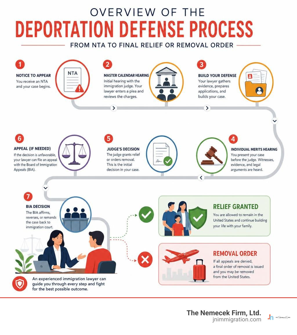 Overview of the deportation defense process from NTA to final relief or removal order infographic
