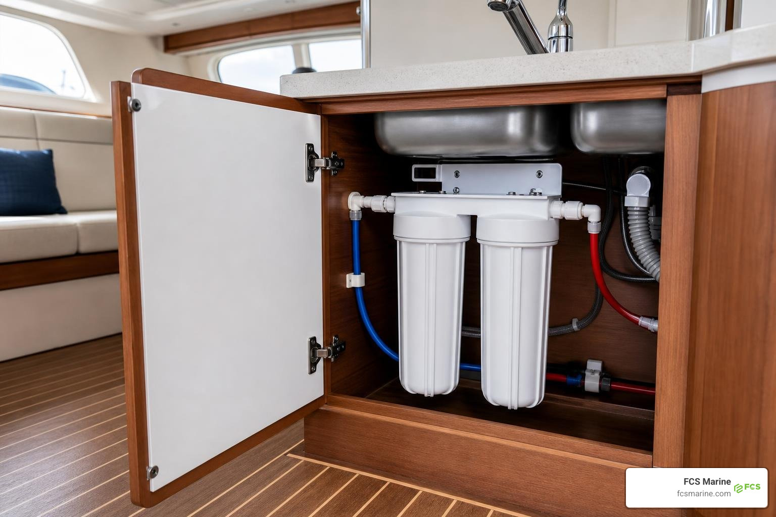 Under-sink marine water filter housings installed in a yacht galley Under-sink marine water filter housings installed in a yacht galley