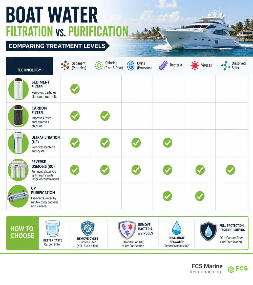 Comparison infographic: boat water filtration vs. purification — sediment, carbon, UF, RO, UV treatment levels infographic Comparison infographic: boat water filtration vs. purification — sediment, carbon, UF, RO, UV treatment levels infographic