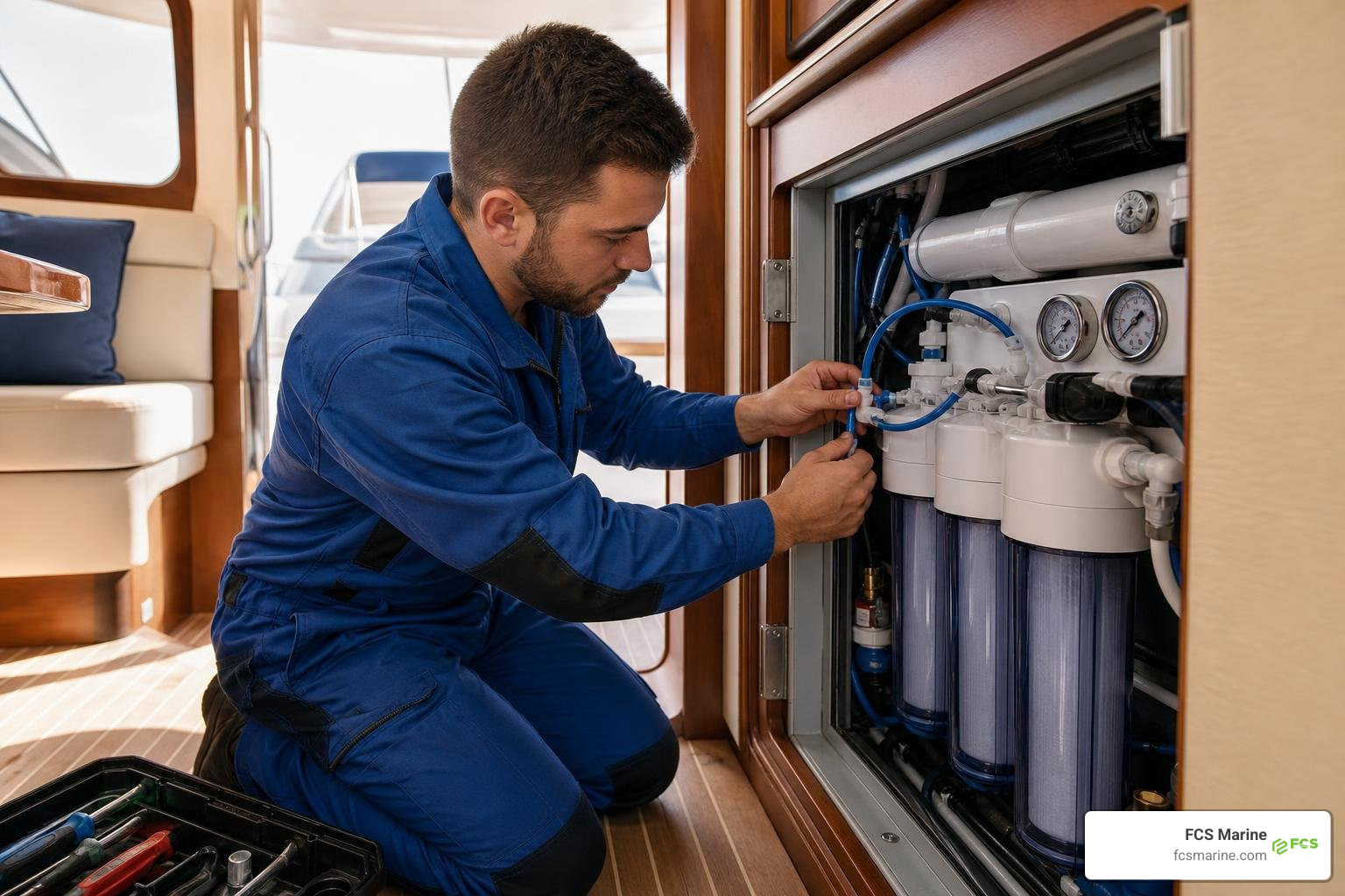 Marine technician servicing an onboard reverse osmosis and water filtration system Marine technician servicing an onboard reverse osmosis and water filtration system