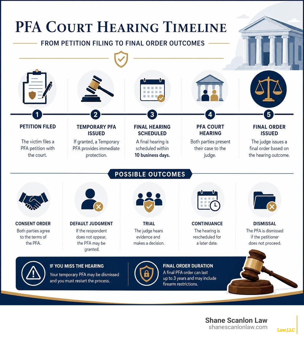 PFA court hearing timeline from petition filing to final order outcomes infographic PFA court hearing timeline from petition filing to final order outcomes infographic