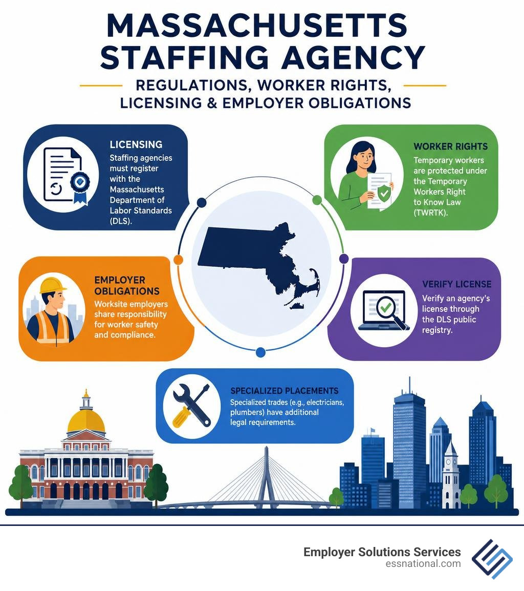 Massachusetts staffing agency regulations, worker rights, licensing, and employer obligations infographic Massachusetts staffing agency regulations, worker rights, licensing, and employer obligations infographic