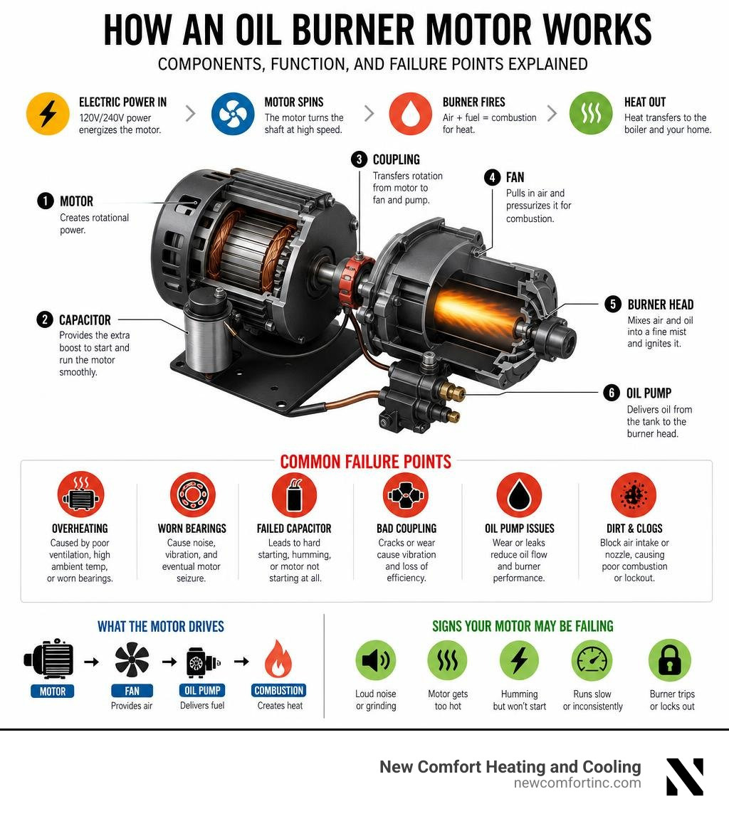 How an oil burner motor works — components, function, and failure points explained infographic How an oil burner motor works — components, function, and failure points explained infographic