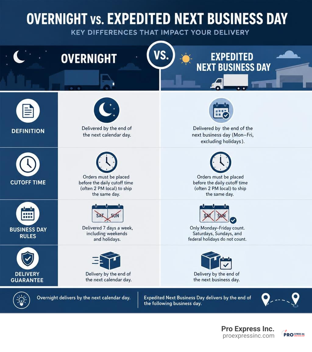 Infographic comparing overnight vs expedited next business day freight: definitions, cutoff times, business day rules, and
