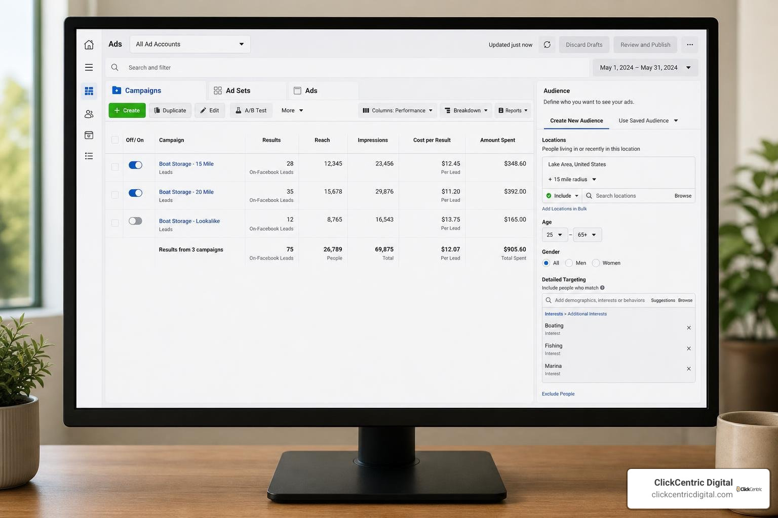 Facebook Ads Manager targeting dashboard for local boat storage campaigns Facebook Ads Manager targeting dashboard for local boat storage campaigns
