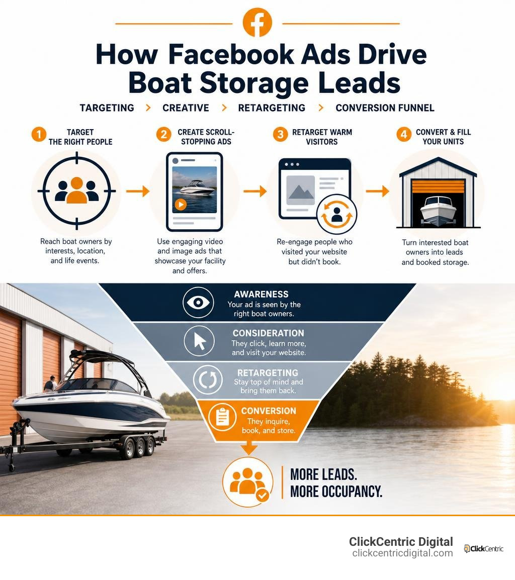 How Facebook Ads drive boat storage leads: targeting, creative, retargeting, and conversion funnel infographic How Facebook Ads drive boat storage leads: targeting, creative, retargeting, and conversion funnel infographic