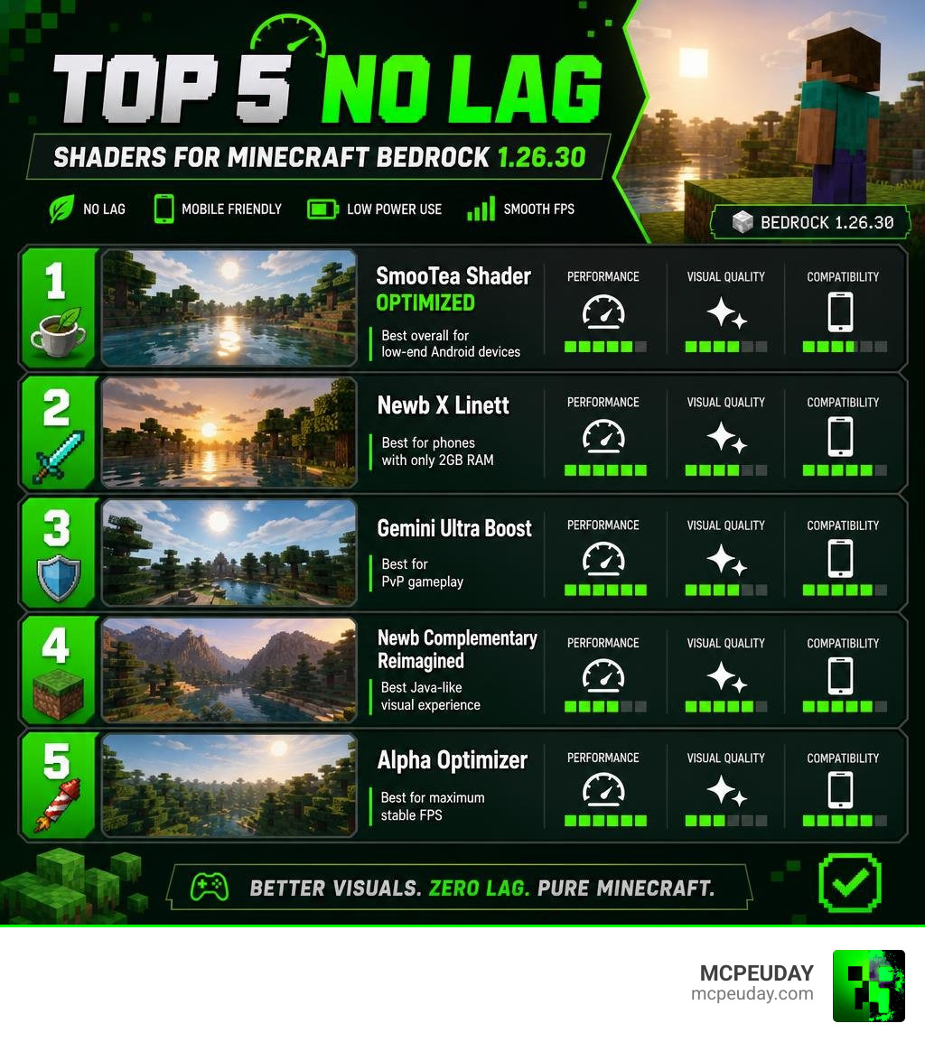 Top 5 no lag shaders for Minecraft Bedrock 1.26.30 comparison infographic infographic