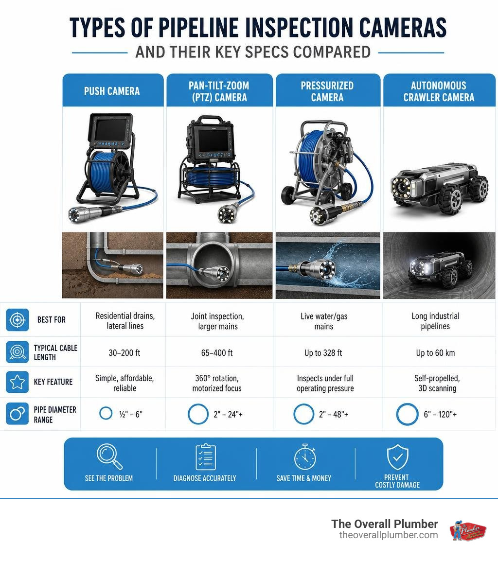 types of pipeline inspection cameras and their key specs compared infographic types of pipeline inspection cameras and their key specs compared infographic