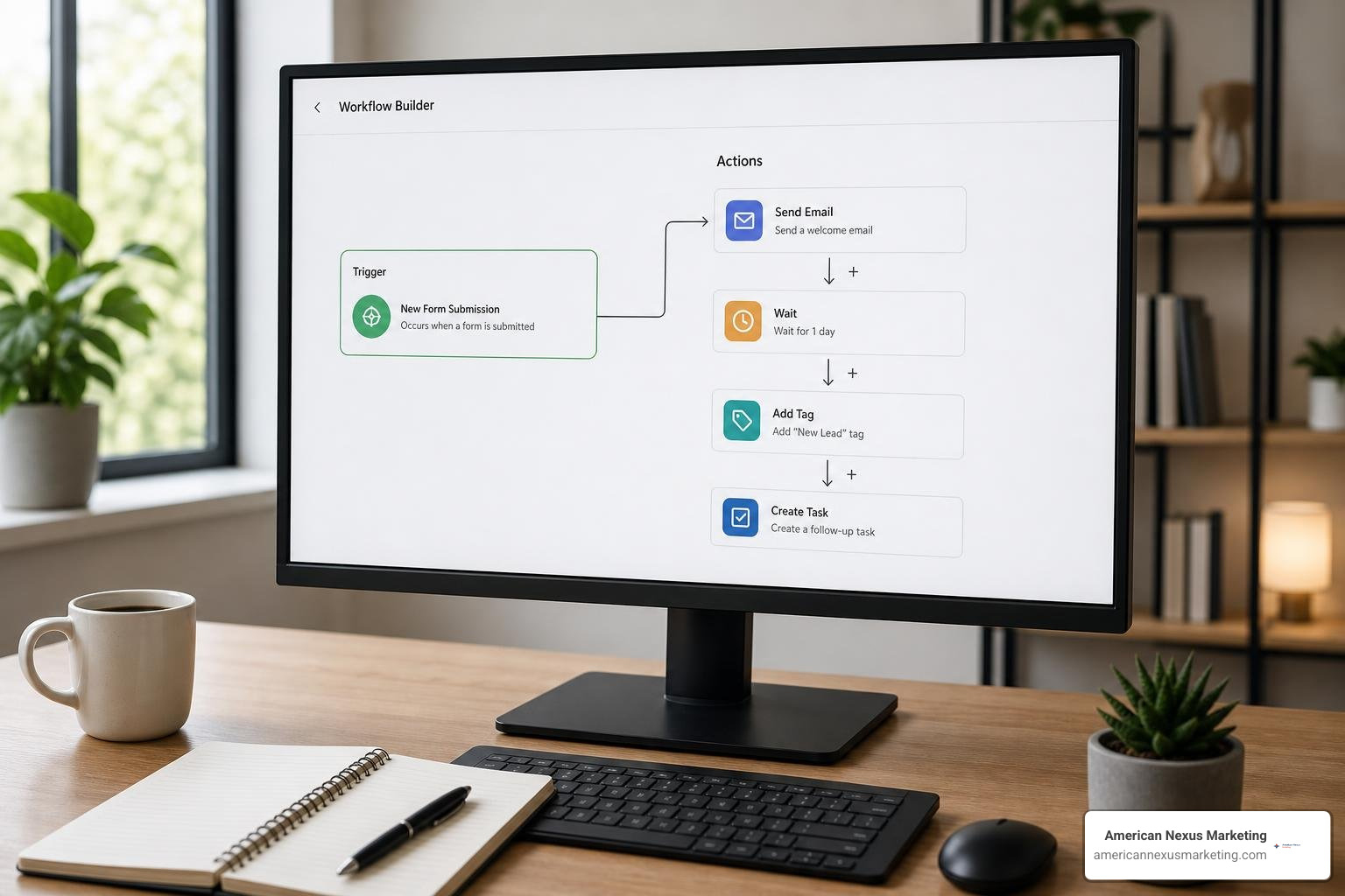 Workflow automation builder showing trigger and action steps