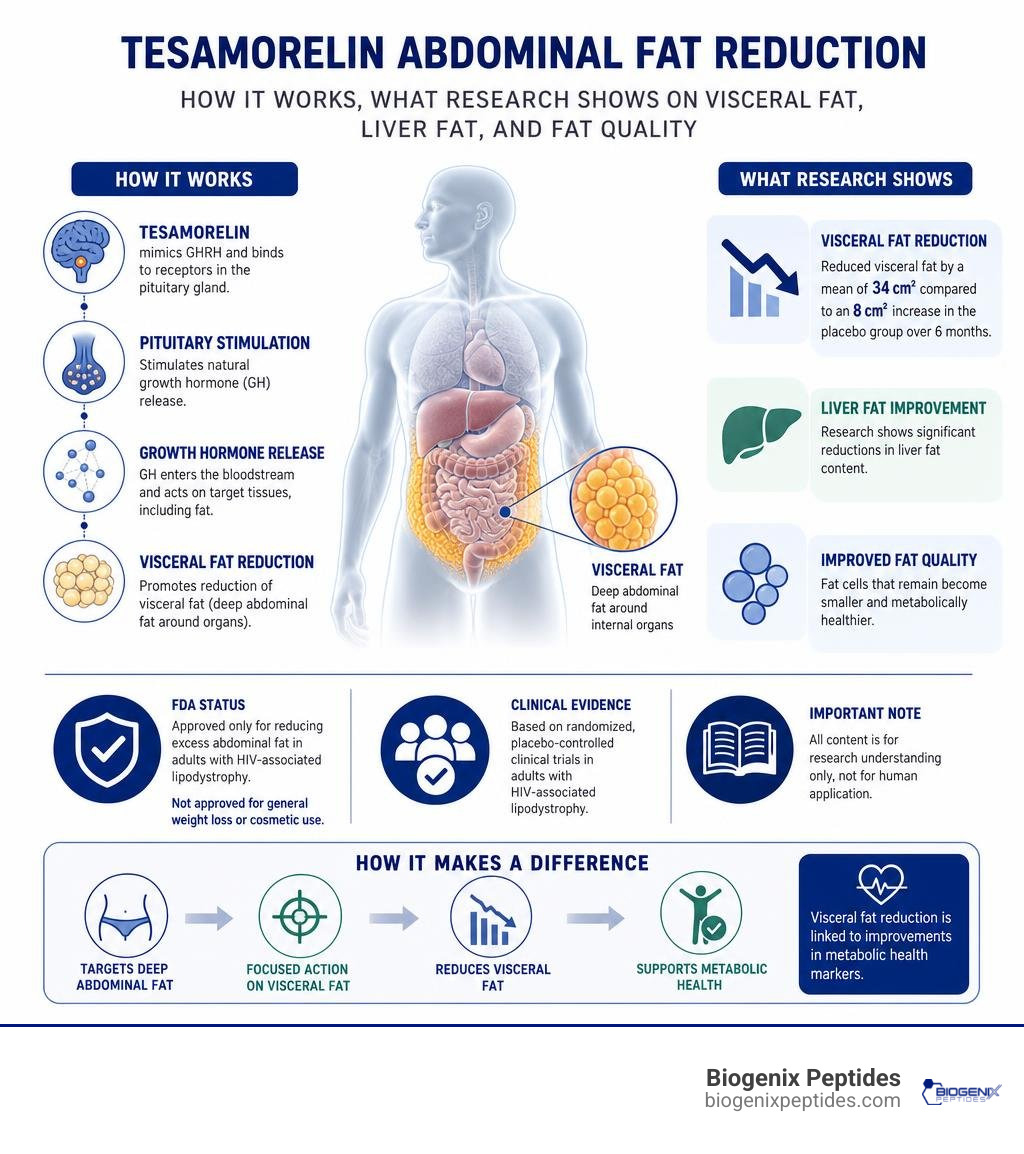 Tesamorelin abdominal fat reduction: how it works, what research shows on visceral fat, liver fat, and fat quality