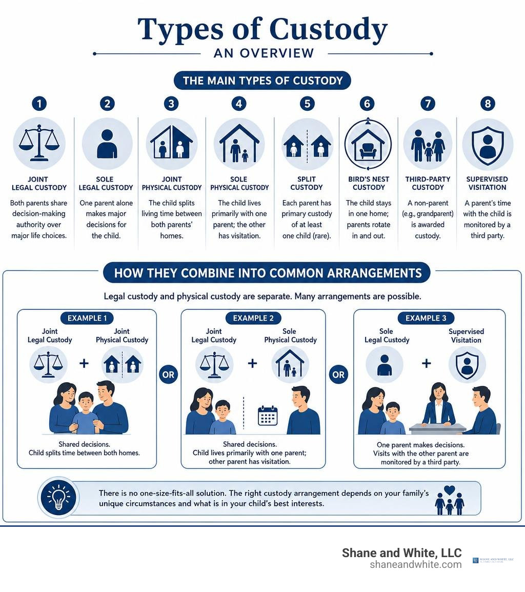 Overview infographic of the main types of custody and how they combine into common arrangements infographic Overview infographic of the main types of custody and how they combine into common arrangements infographic