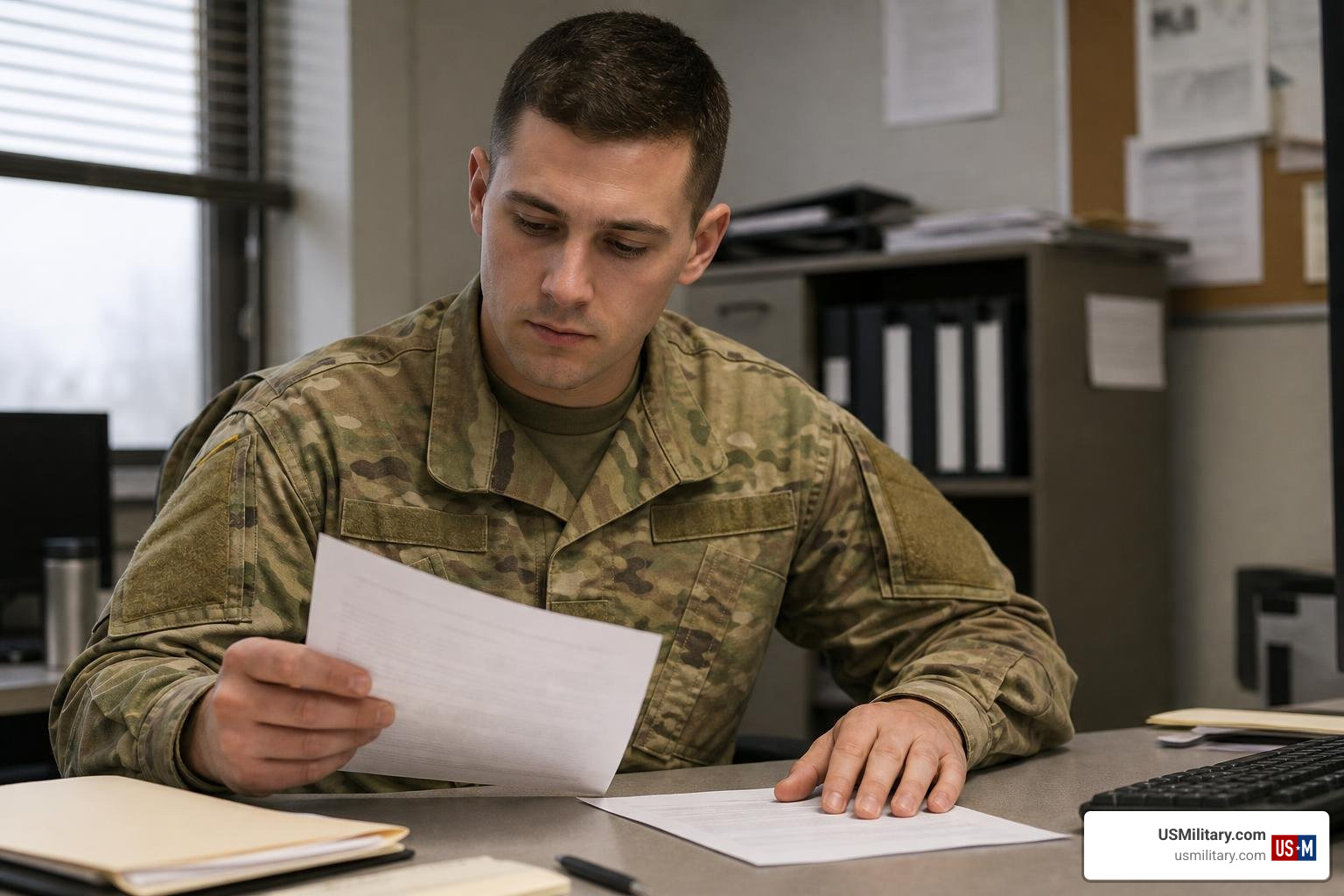 US soldier in uniform looking over paperwork