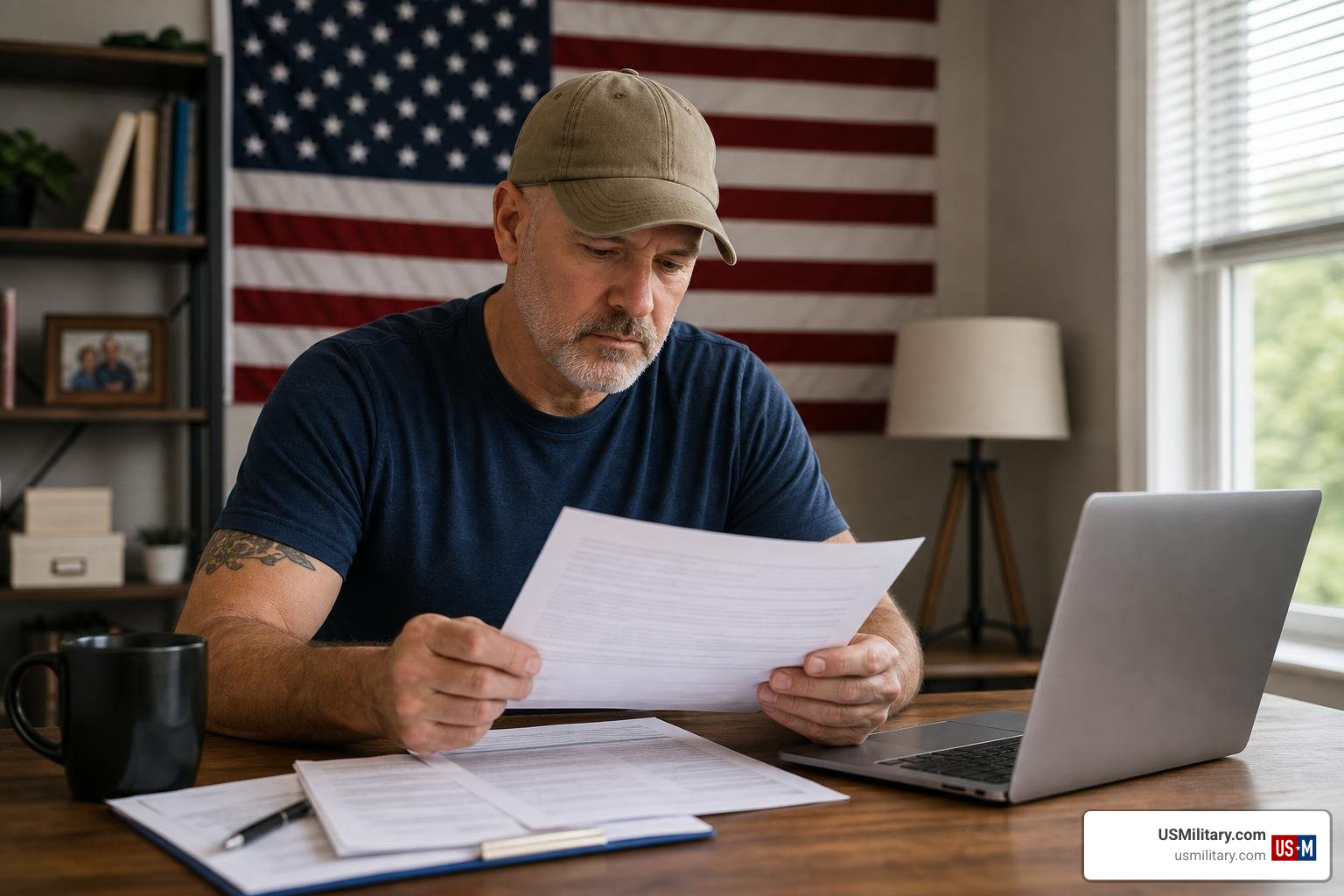 veteran reviewing VA paperwork at a desk