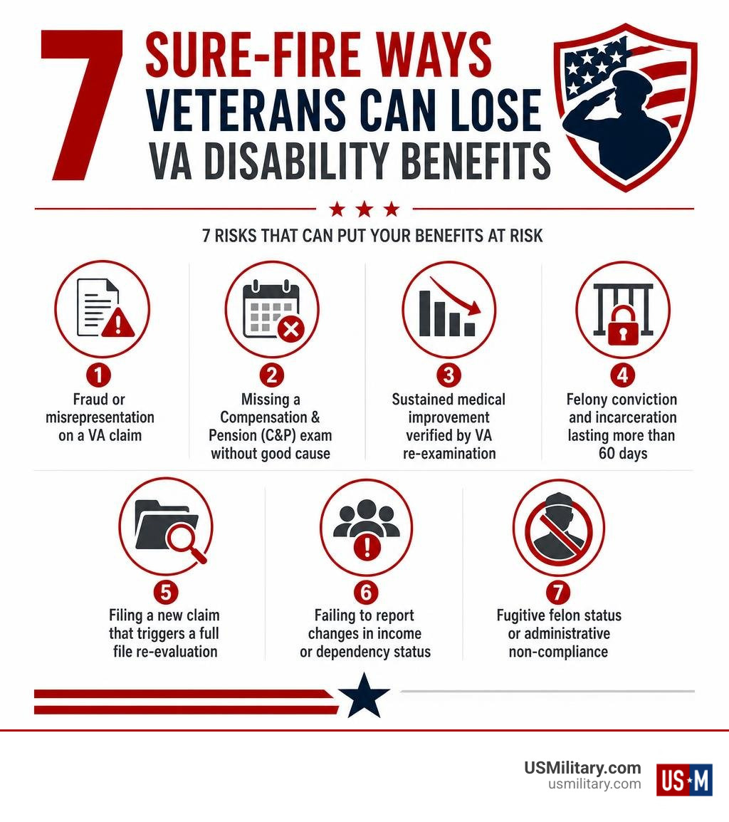 7 sure-fire ways veterans can lose VA disability benefits overview infographic infographic