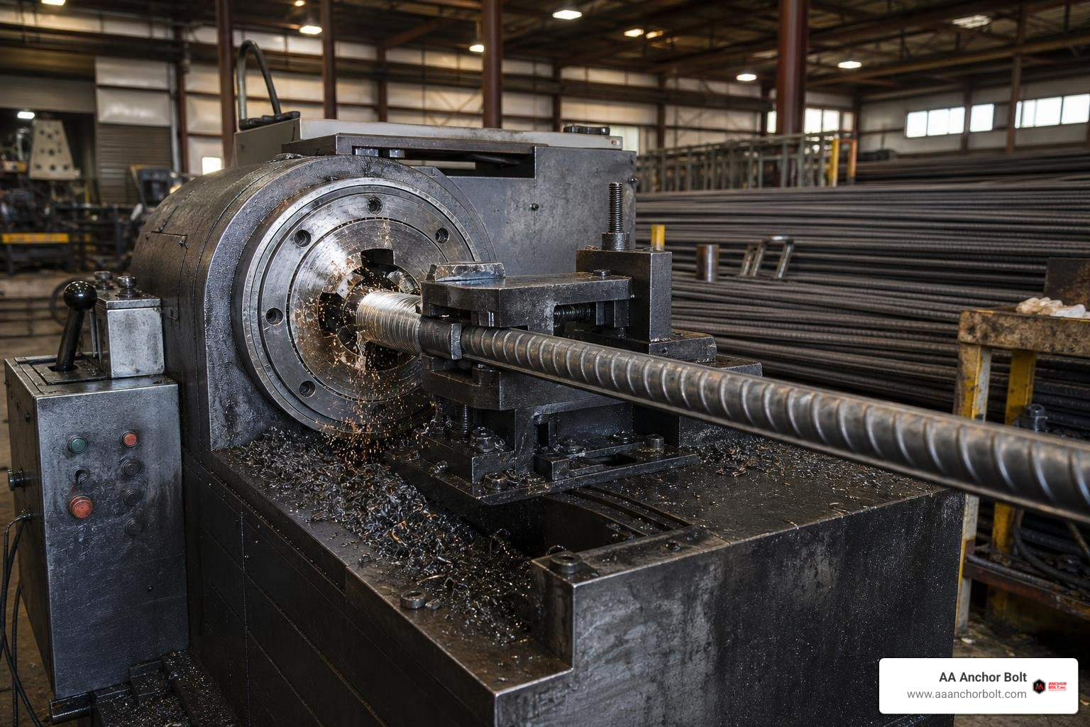Industrial rebar threading machine processing a heavy-duty steel bar Industrial rebar threading machine processing a heavy-duty steel bar