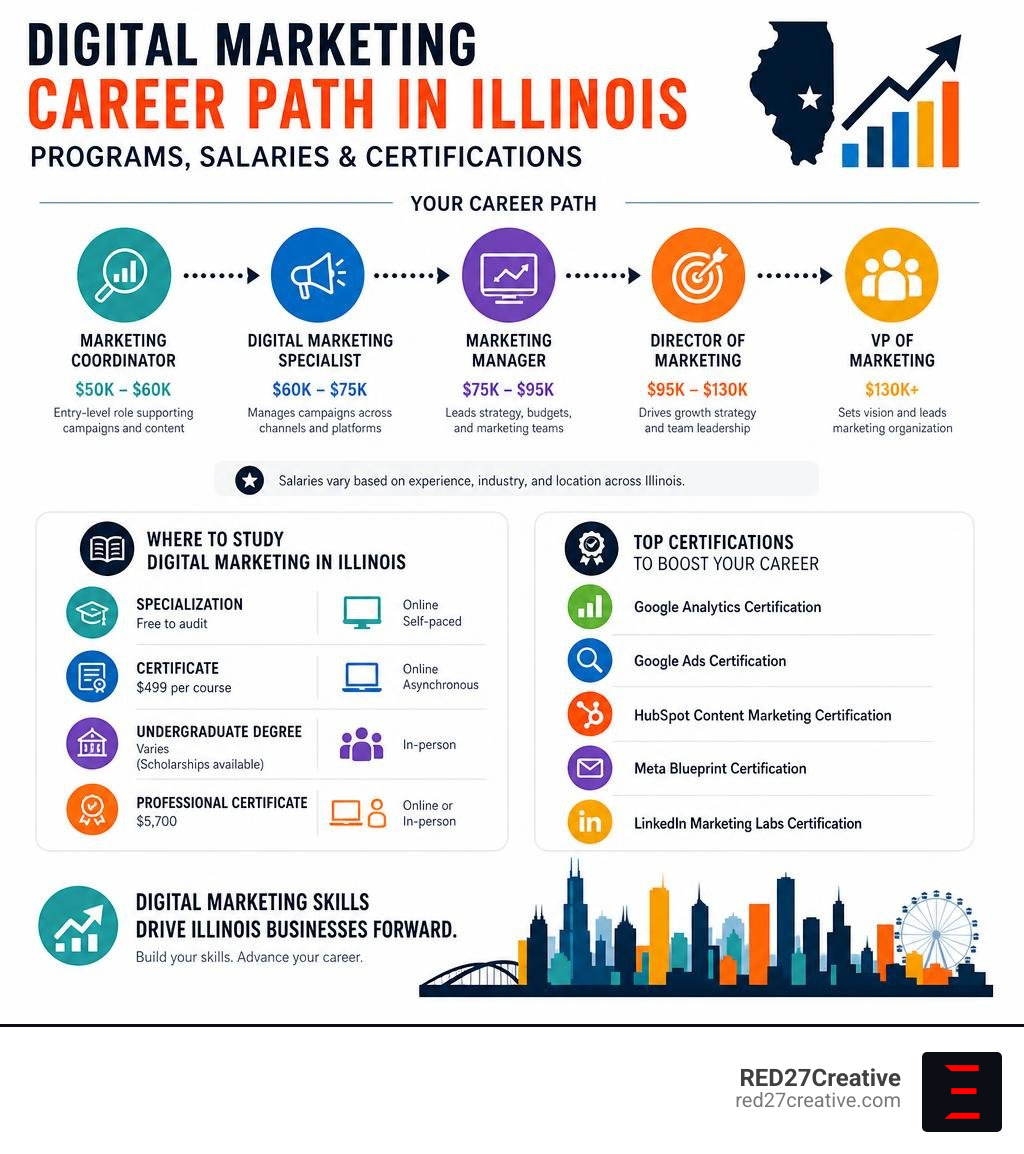 Digital marketing career path in Illinois programs salaries and certifications infographic Digital marketing career path in Illinois programs salaries and certifications infographic