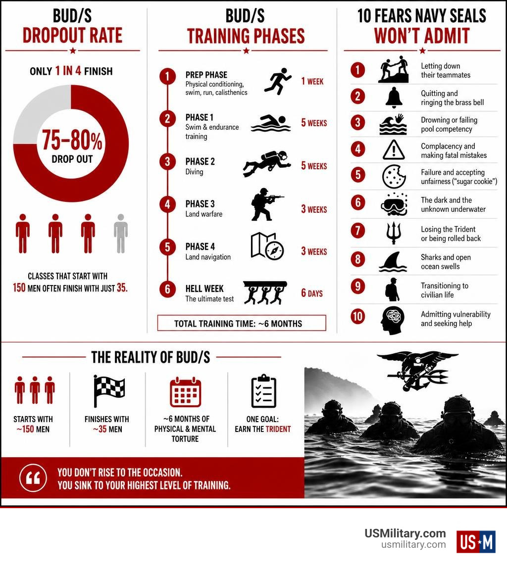 Infographic showing BUD/S dropout rates, training phases, and the 10 fears Navy SEALs won't admit infographic Infographic showing BUD/S dropout rates, training phases, and the 10 fears Navy SEALs won't admit infographic