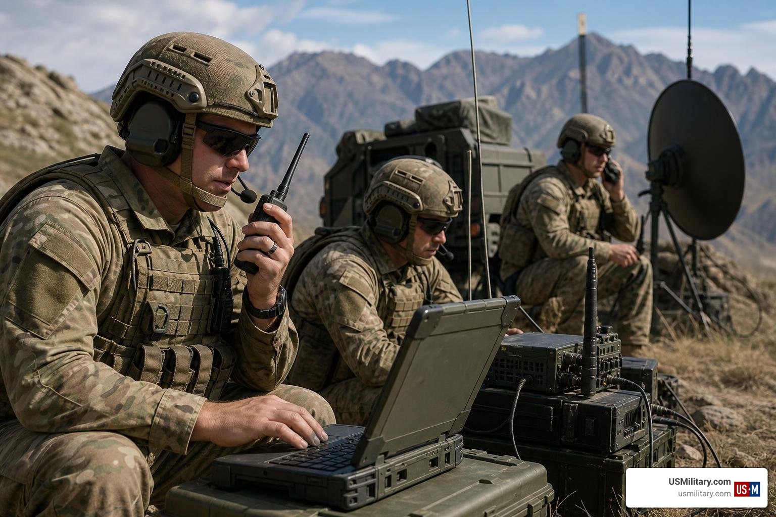 Modern United States soldiers operating high-tech communications equipment in the field