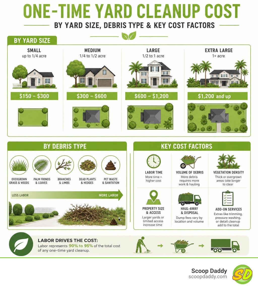 infographic showing one-time yard cleanup cost by yard size debris type and key cost factors infographic