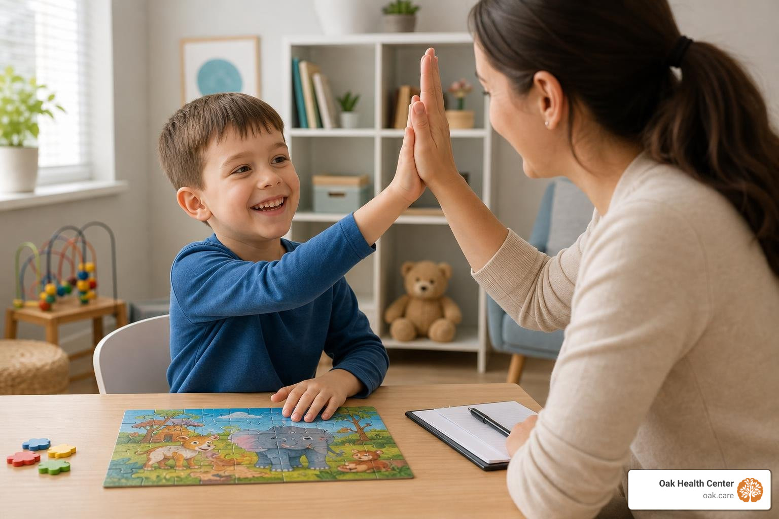 Child successfully completing a task and receiving a high-five as positive reinforcement