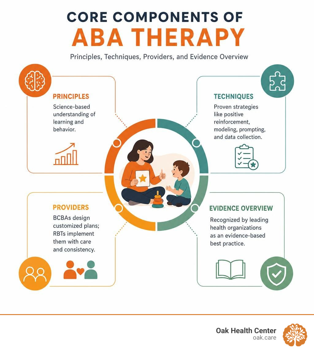 Core components of ABA therapy: principles, techniques, providers, and evidence overview infographic