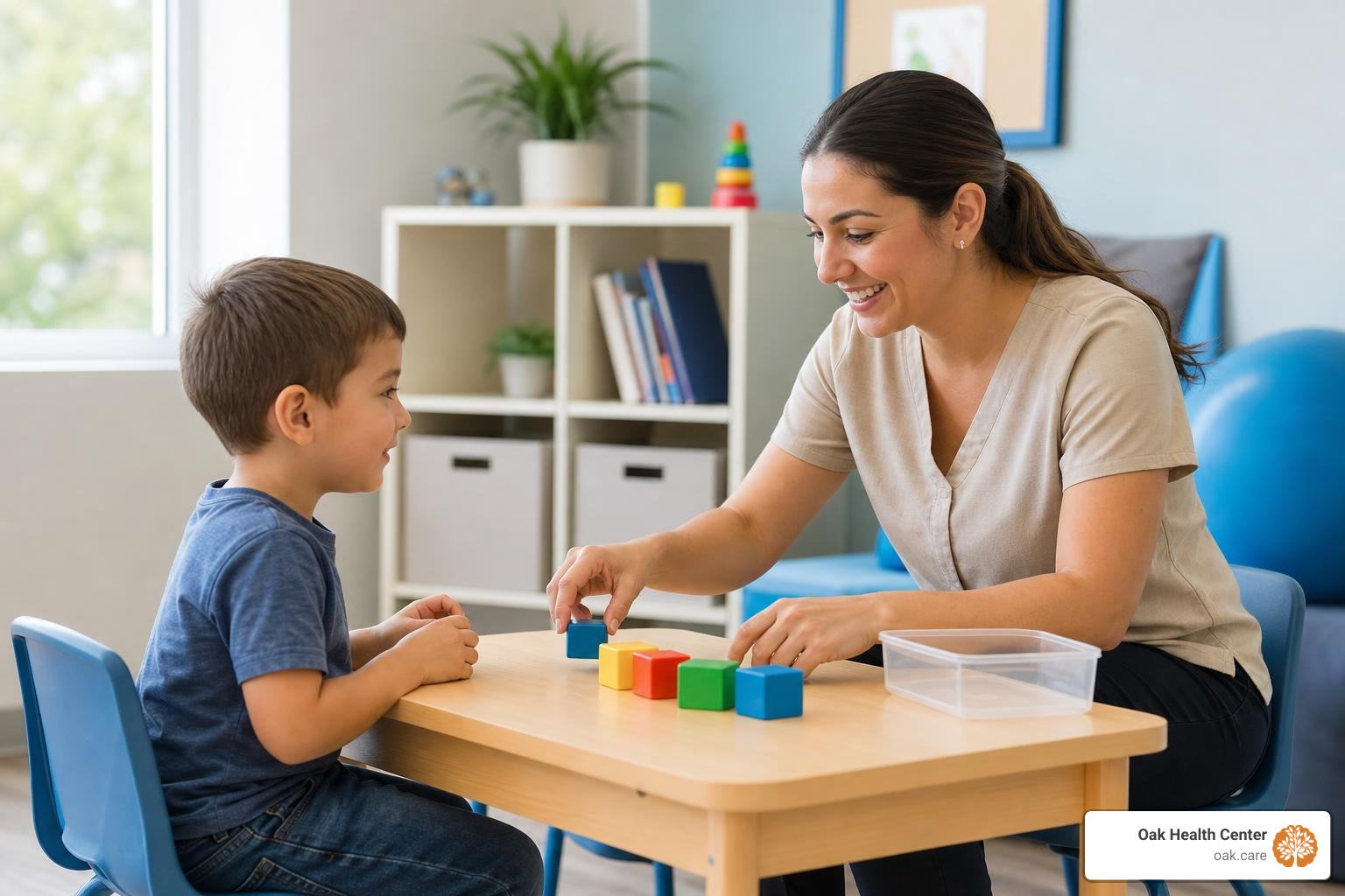 Therapist using discrete trial training with blocks with a young child