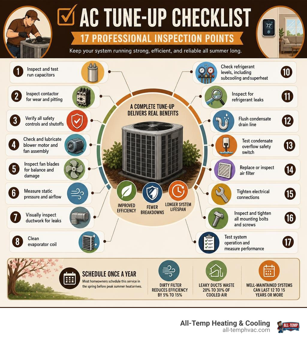 Detailed colorful AC tune-up checklist infographic with 17 professional inspection points, airflow, refrigerant, electrical