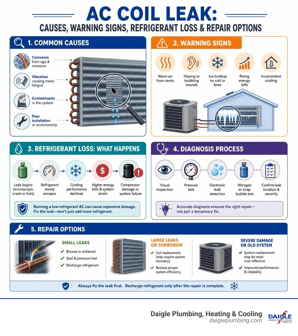detailed colorful infographic explaining AC coil leak causes, warning signs, refrigerant loss, and repair options infographic detailed colorful infographic explaining AC coil leak causes, warning signs, refrigerant loss, and repair options infographic