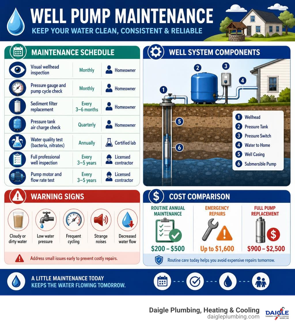colorful detailed infographic showing well pump maintenance schedule, well system components, warning signs, and repair cost colorful detailed infographic showing well pump maintenance schedule, well system components, warning signs, and repair cost