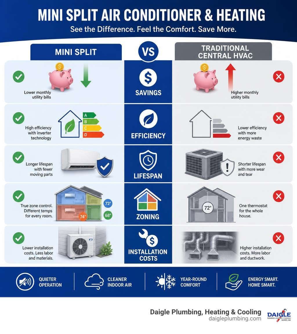 Colorful infographic comparing mini split air conditioner and heating savings, efficiency, lifespan, zoning, and Colorful infographic comparing mini split air conditioner and heating savings, efficiency, lifespan, zoning, and