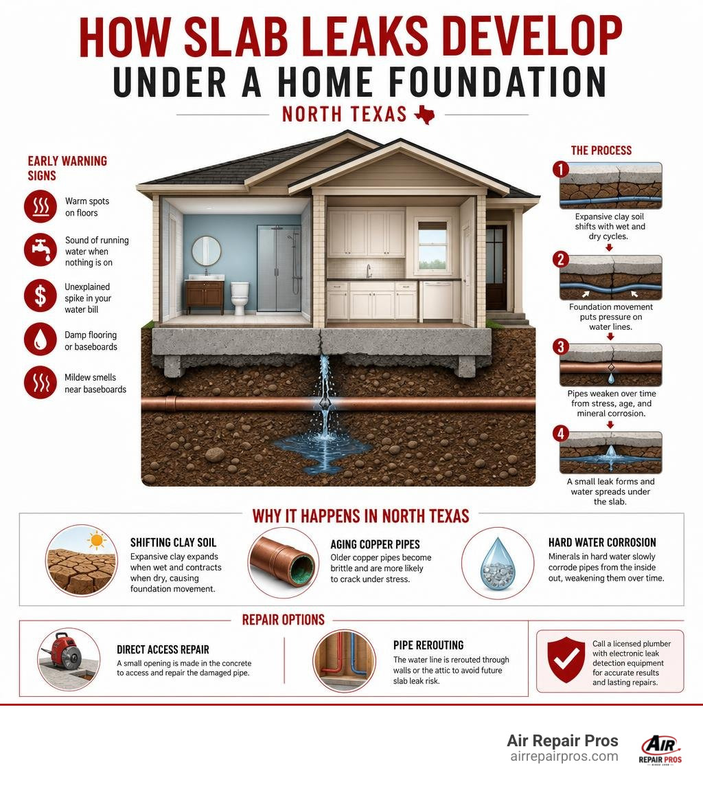 Infographic showing how slab leaks develop under a home foundation in North Texas infographic