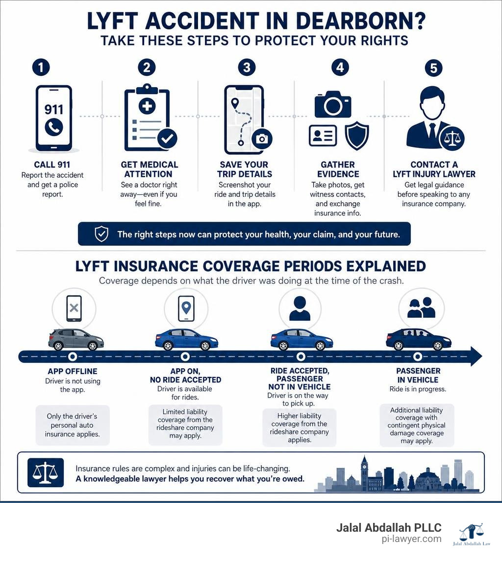 Steps to take after a Lyft accident in Dearborn and key insurance coverage periods explained infographic Steps to take after a Lyft accident in Dearborn and key insurance coverage periods explained infographic