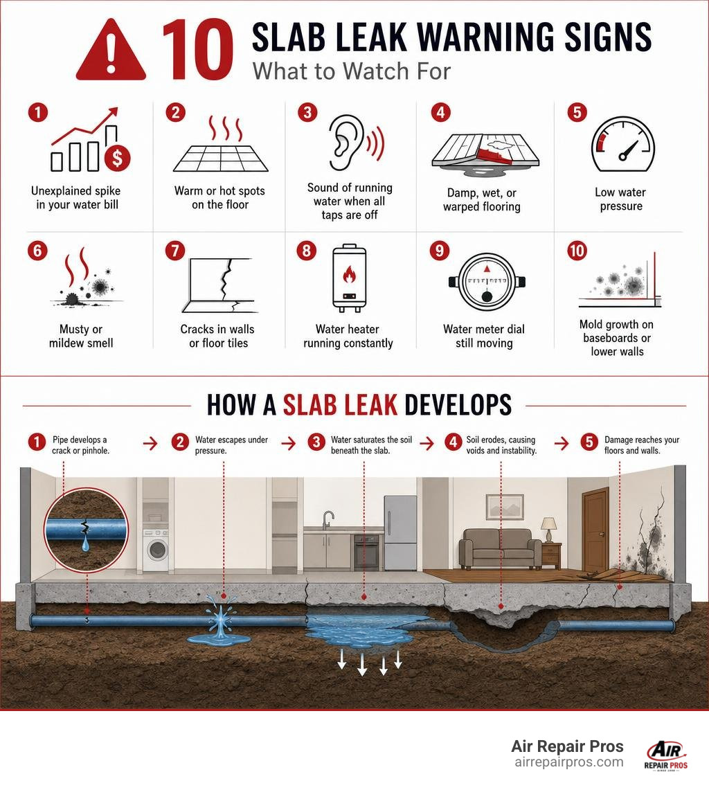 Infographic showing 10 slab leak warning signs and how a slab leak develops under a foundation infographic