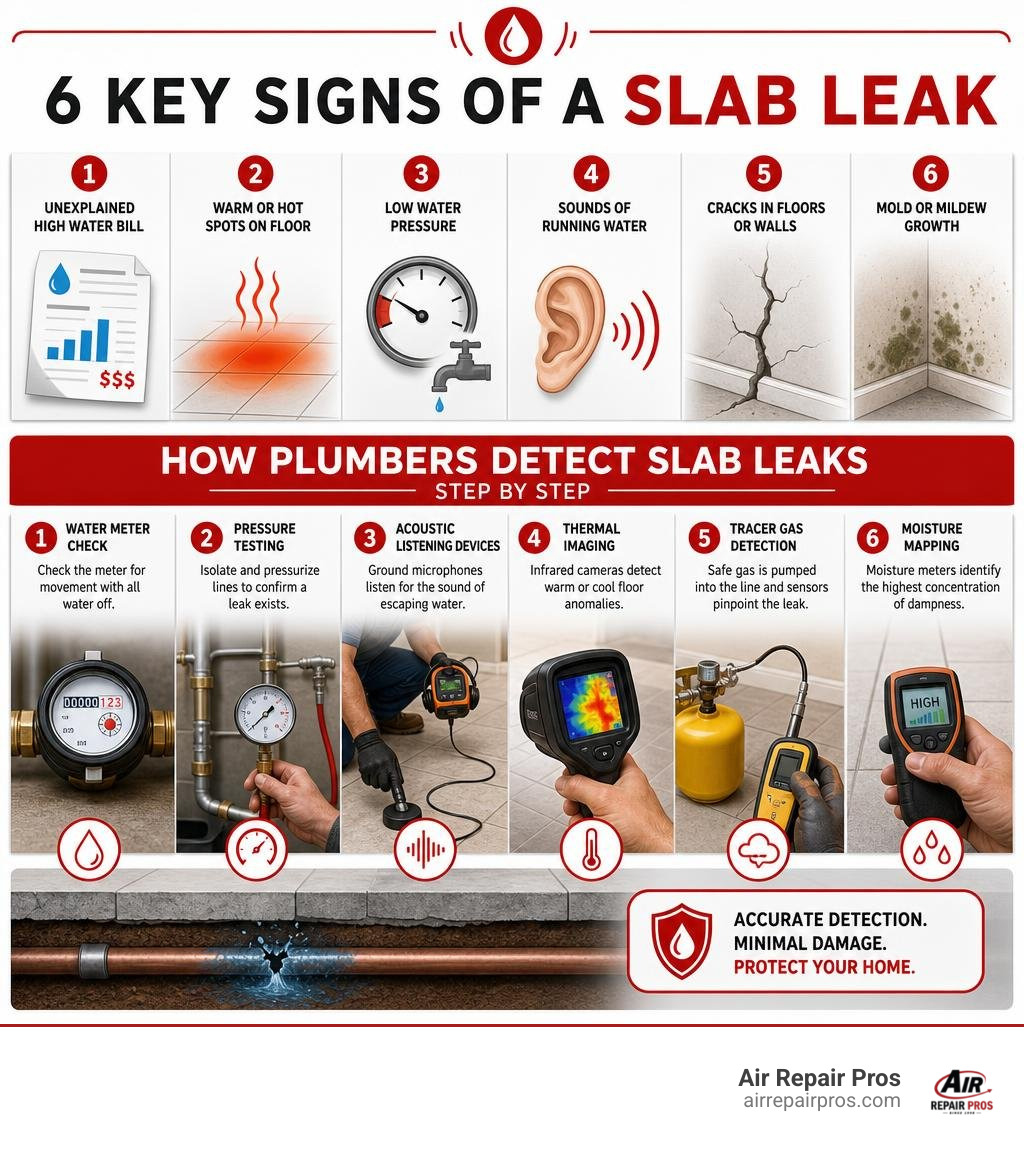 Infographic showing the 6 key signs of a slab leak and how plumbers detect them step by step infographic