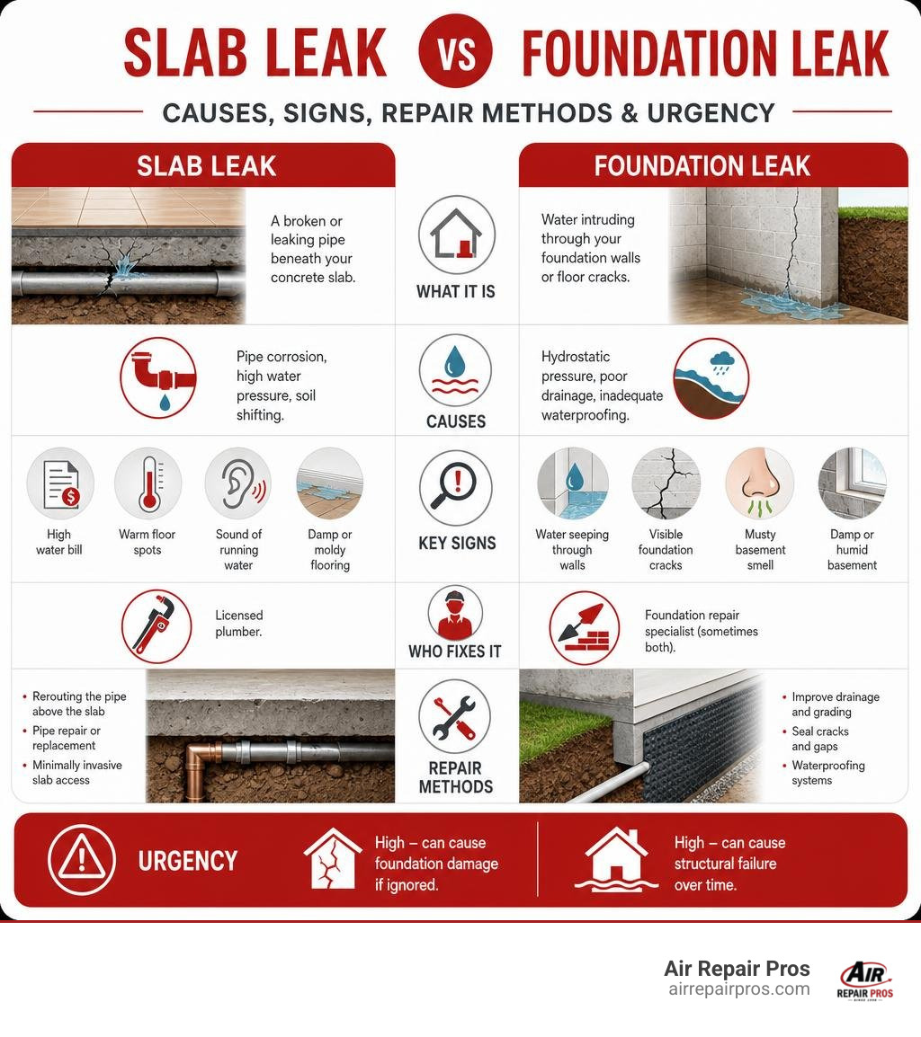 Infographic comparing slab leaks vs foundation leaks: causes, signs, repair methods, and urgency infographic