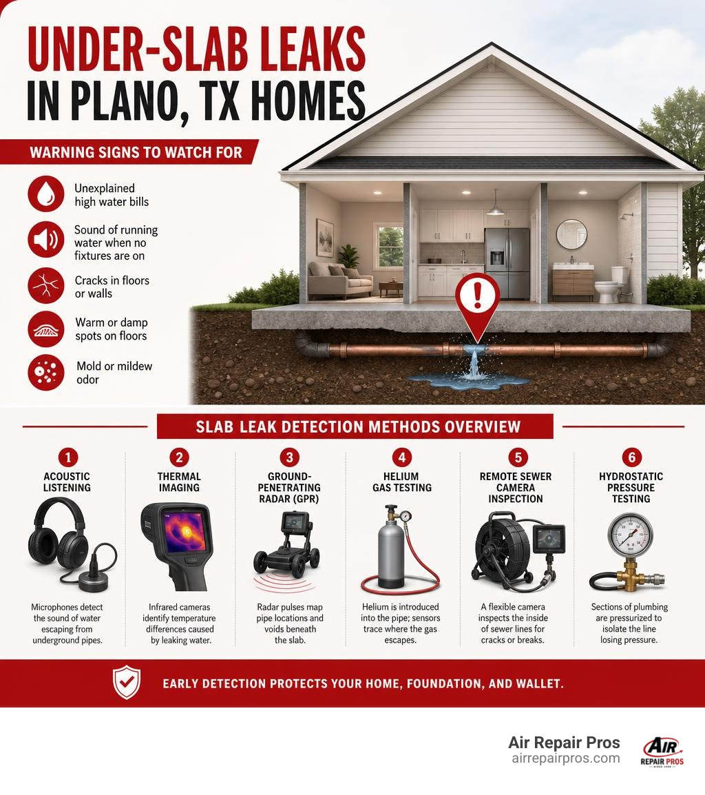 Infographic showing warning signs of under-slab leaks in Plano, TX homes with detection methods overview infographic