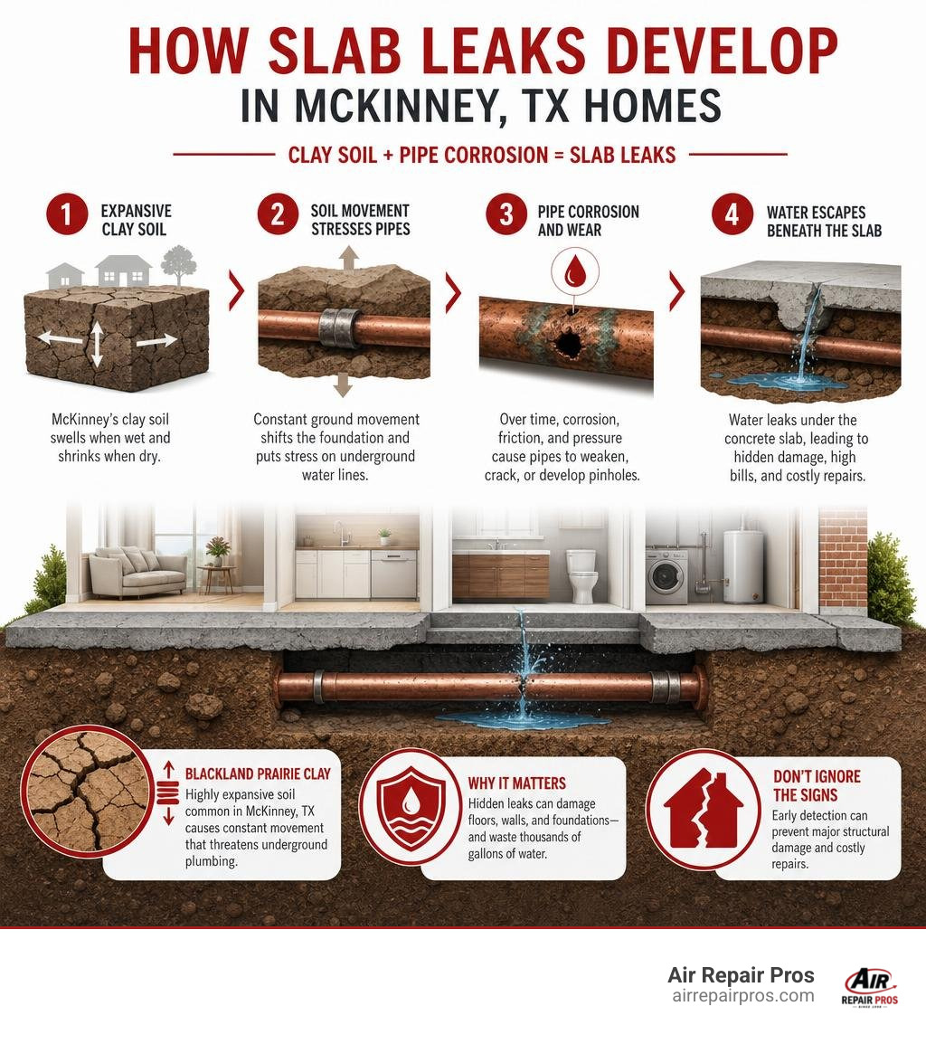 Infographic showing how slab leaks develop in McKinney TX homes due to clay soil and pipe corrosion infographic