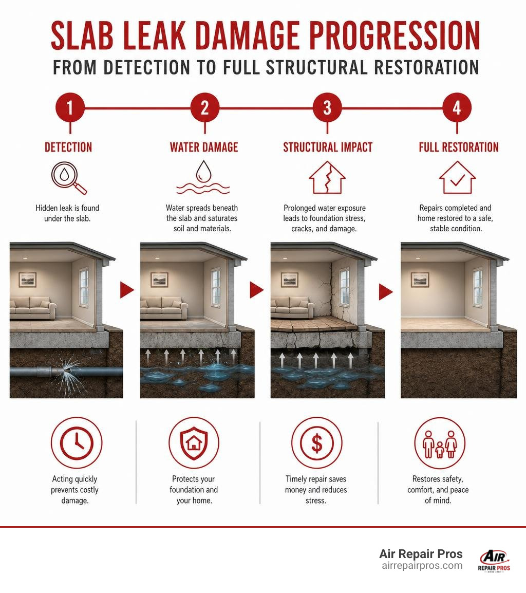 Timeline infographic showing slab leak damage progression from detection to full structural restoration infographic