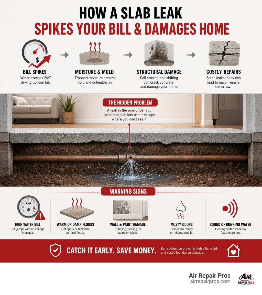 Infographic showing how water escapes under a concrete slab and causes bill spikes, mold, and foundation damage infographic