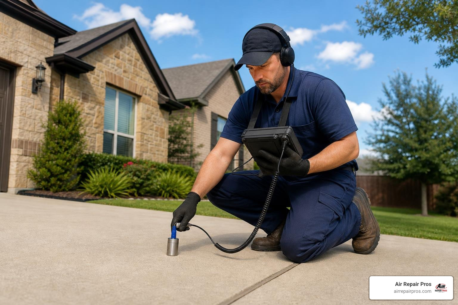 plumbing technician using advanced electronic slab leak detection equipment on a McKinney TX home foundation