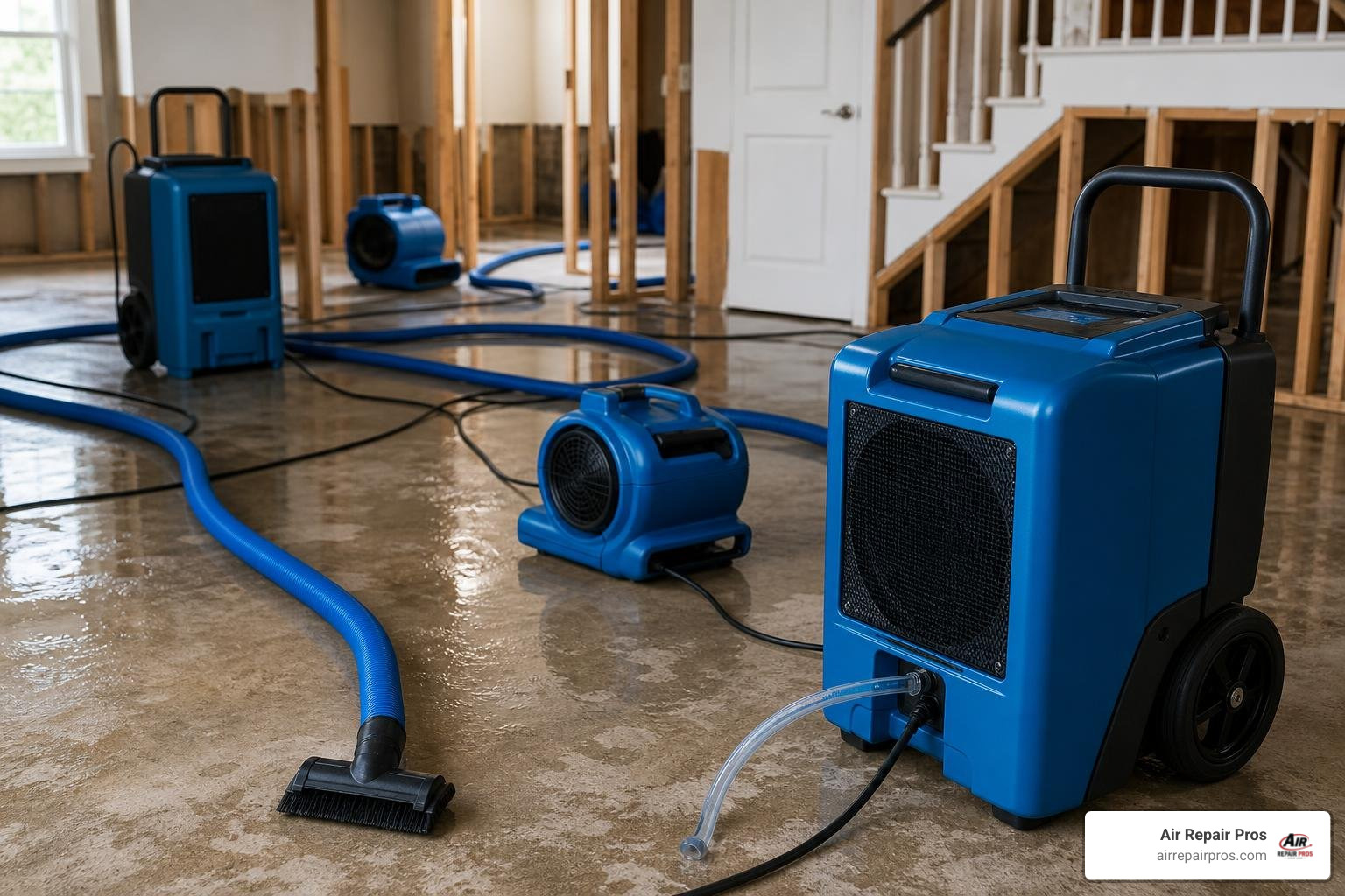 Professional water extraction equipment and industrial dehumidifiers drying out a home foundation