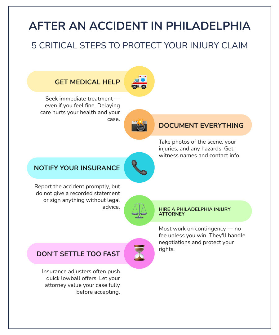 Steps to take immediately after an injury in Philadelphia and key facts about personal injury claims infographic Steps to take immediately after an injury in Philadelphia and key facts about personal injury claims infographic