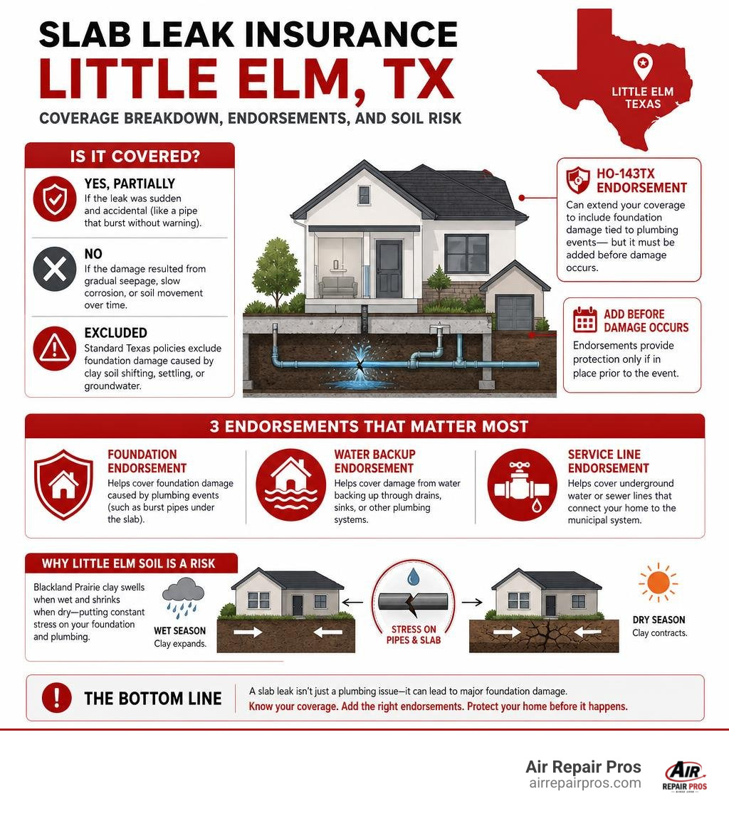Slab leak insurance Little Elm TX: coverage breakdown, endorsements, and soil risk infographic