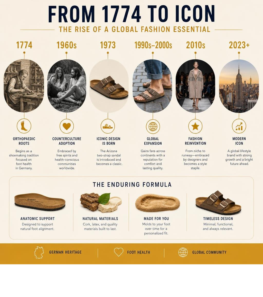 Birkenstock rise in global fashion: timeline from 1774 orthopaedic roots to modern luxury icon infographic