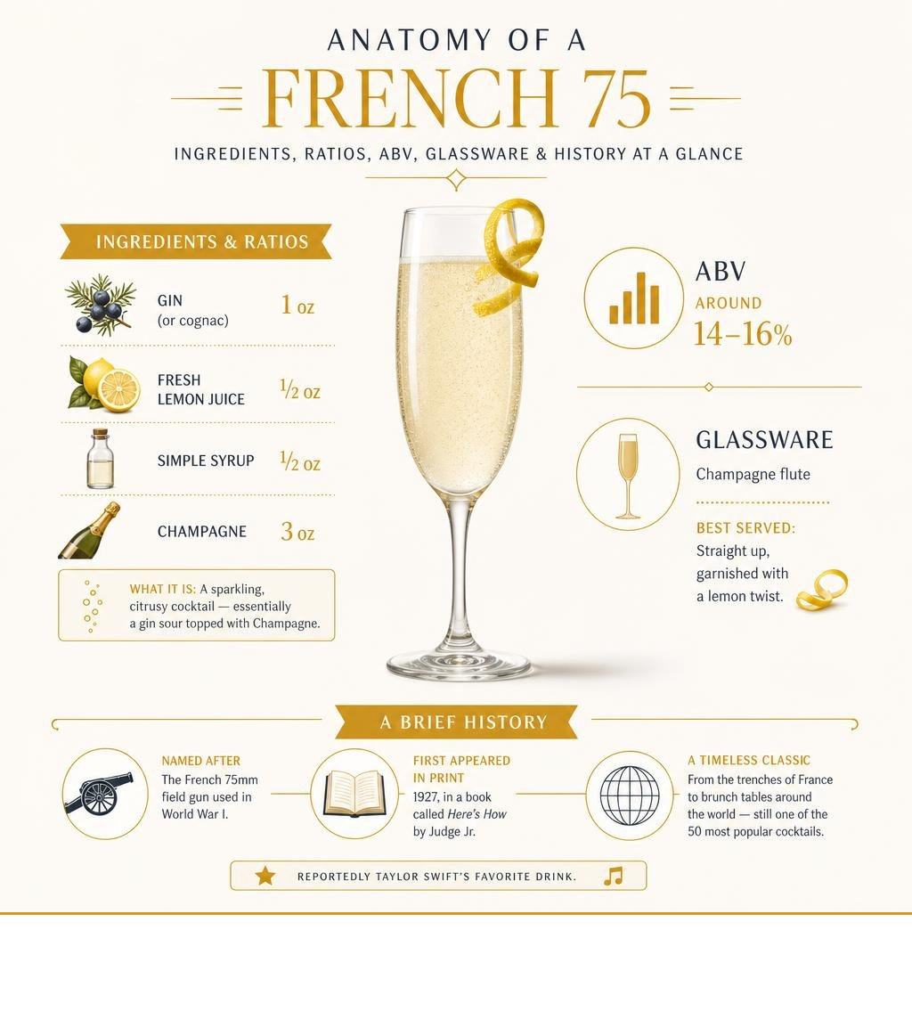 Anatomy of a French 75 cocktail: ingredients, ratios, ABV, glassware, and history at a glance infographic