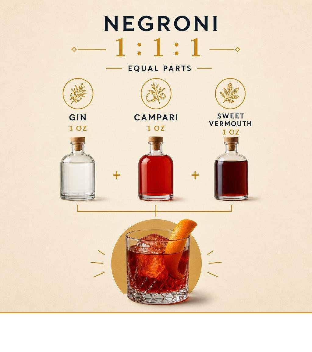 Negroni 1:1:1 ratio infographic showing gin, Campari, and sweet vermouth in equal parts infographic