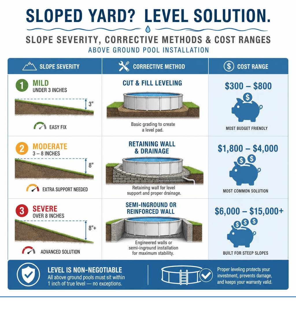 Infographic showing slope severity levels, corrective methods, and cost ranges for above ground pool installation infographic Infographic showing slope severity levels, corrective methods, and cost ranges for above ground pool installation infographic