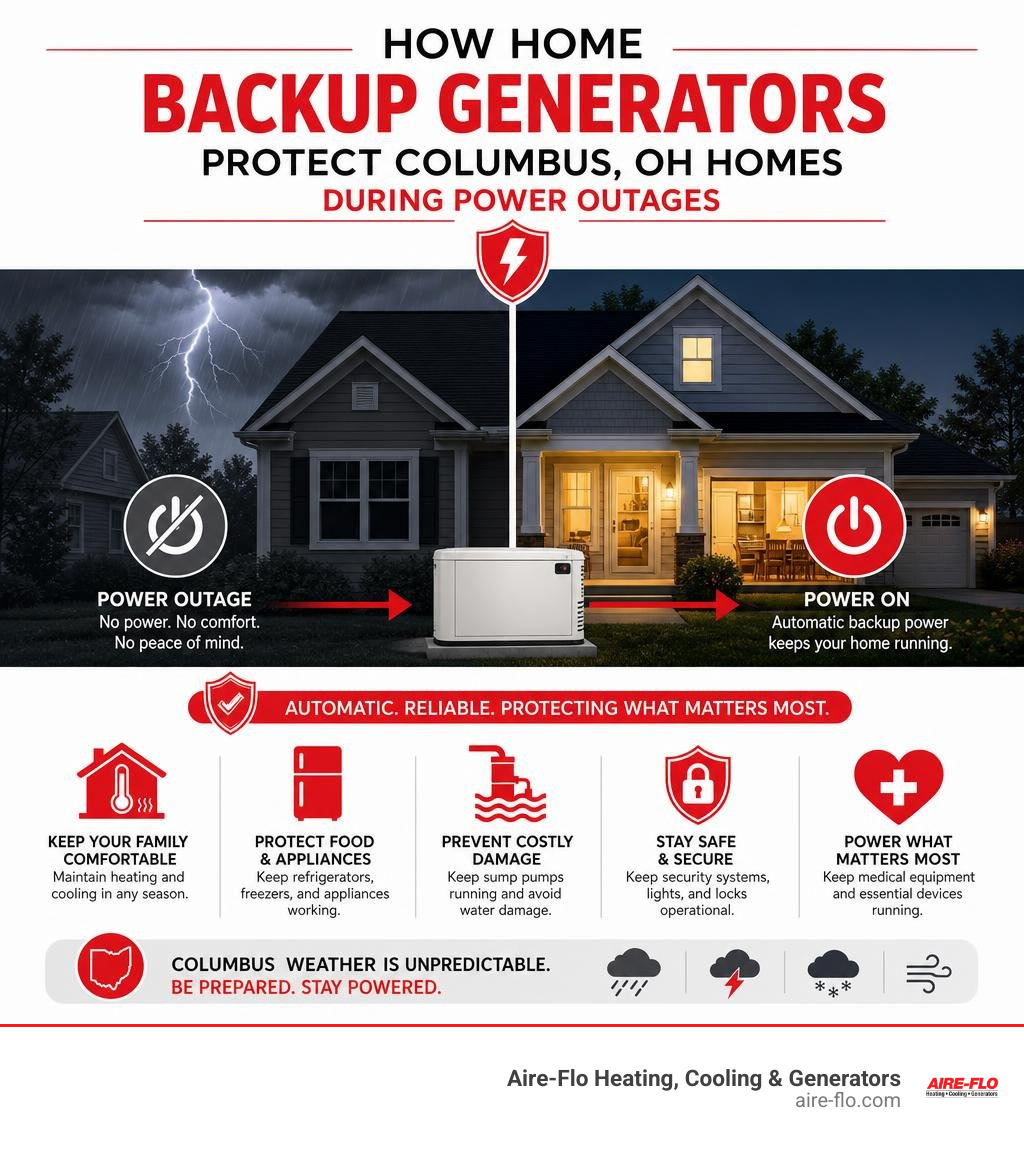 Infographic showing how home backup generators protect Columbus OH homes during power outages infographic