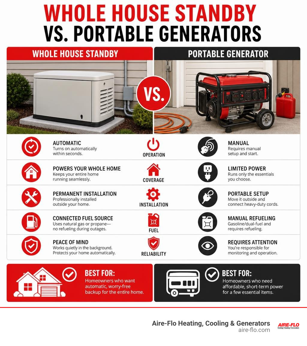 infographic comparing whole house standby generators vs portable generators for homeowners infographic infographic comparing whole house standby generators vs portable generators for homeowners infographic
