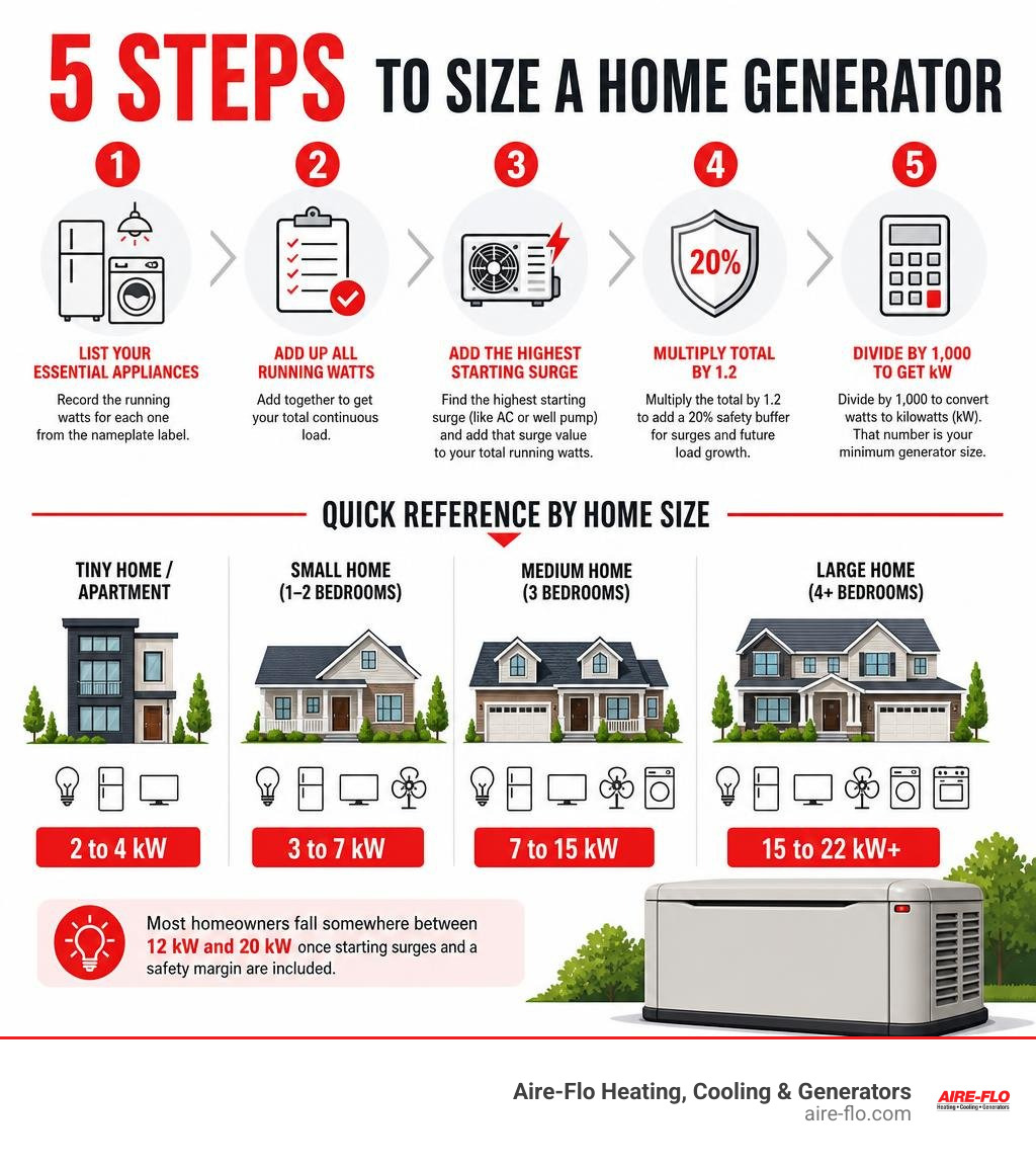 infographic showing 5 steps to size a home generator with wattage ranges by home size infographic